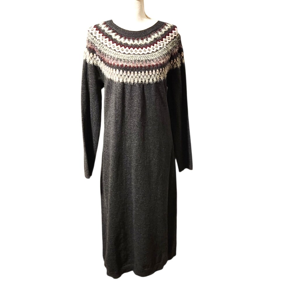 J Jill Sweater Midi Dress Long Sleeves Gray Fair Isle Yoke Womens Size Large